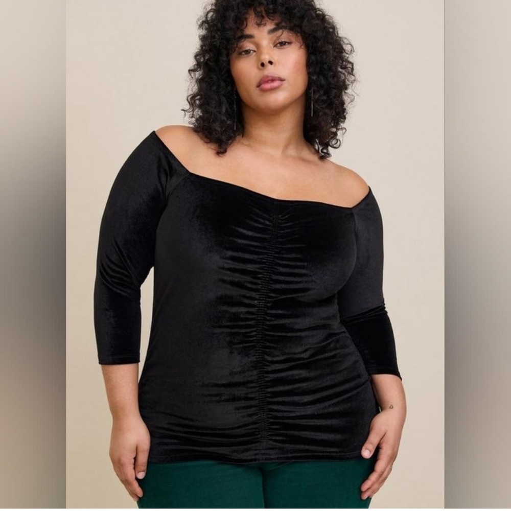 TORRID Stretch Velvet Shirred Front Off The Shoulder Top